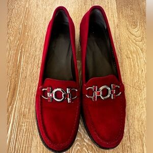 Stuart Weitzman Red Suede Loafers with Silver Accents